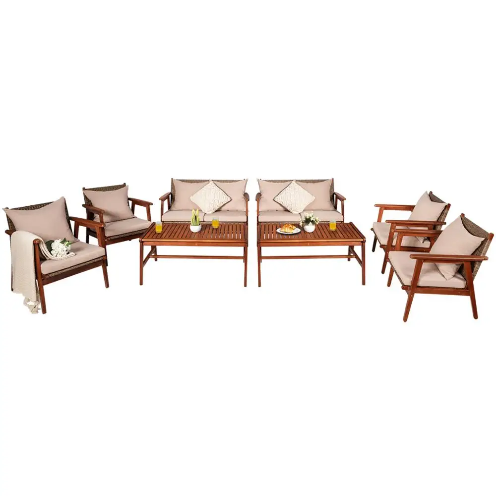 

8PCS Patio Rattan Furniture Set Acacia Wood Frame Cushioned Sofa Chair Garden 2*HW66517+