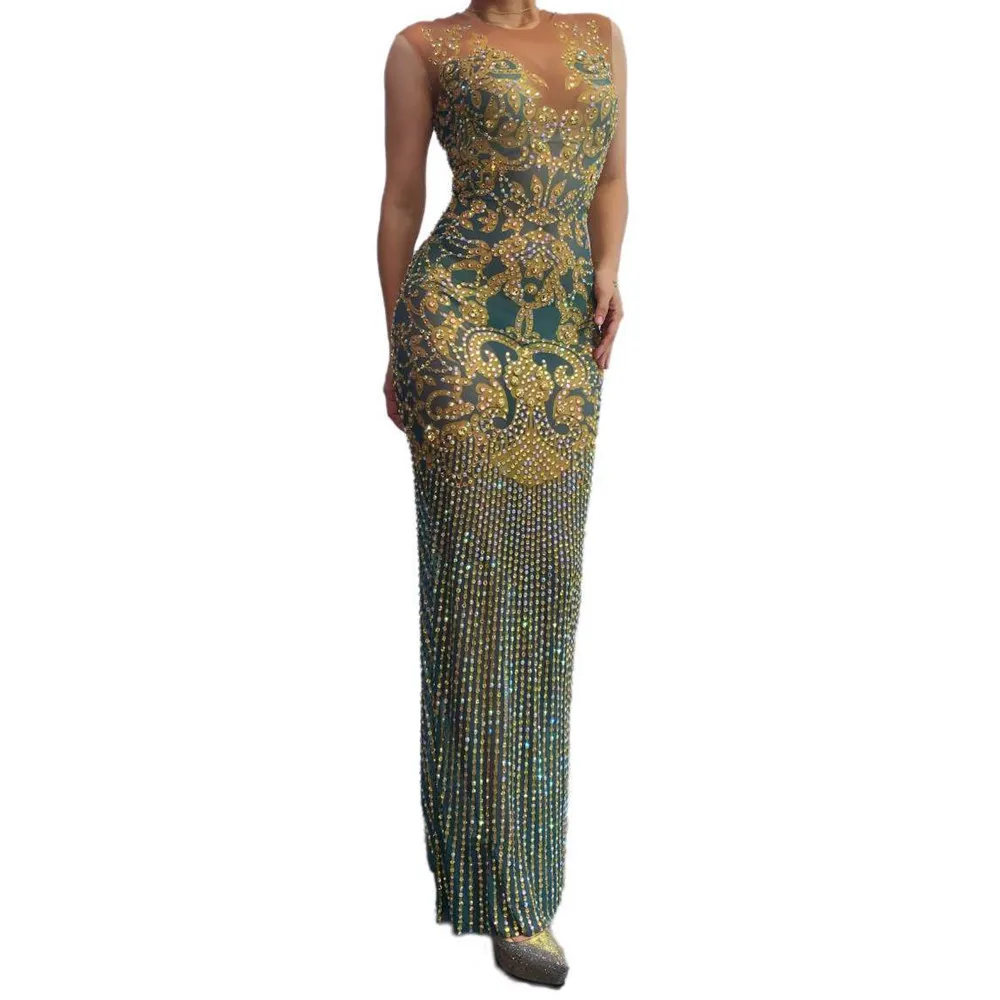 Vintage Style Women's Slim Sleeveless Slit Banquet Prom Evening Gown Rhinestone Flower Pattern Women's Singer Stage Costumes Vintage Style Women's Slim Sleeveless Slit Banquet Prom Evening Gown Rhinestone Flower Pattern Women's Singer Stage Costumes