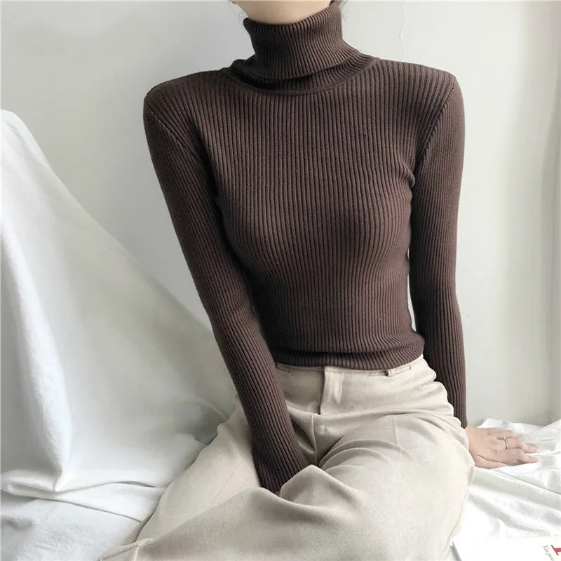 

Trecho de gola alta blusas mulheres pullover inverno roupas moda feminina 2020 outono SÃ³lida malha camisolas top coreano camisa
