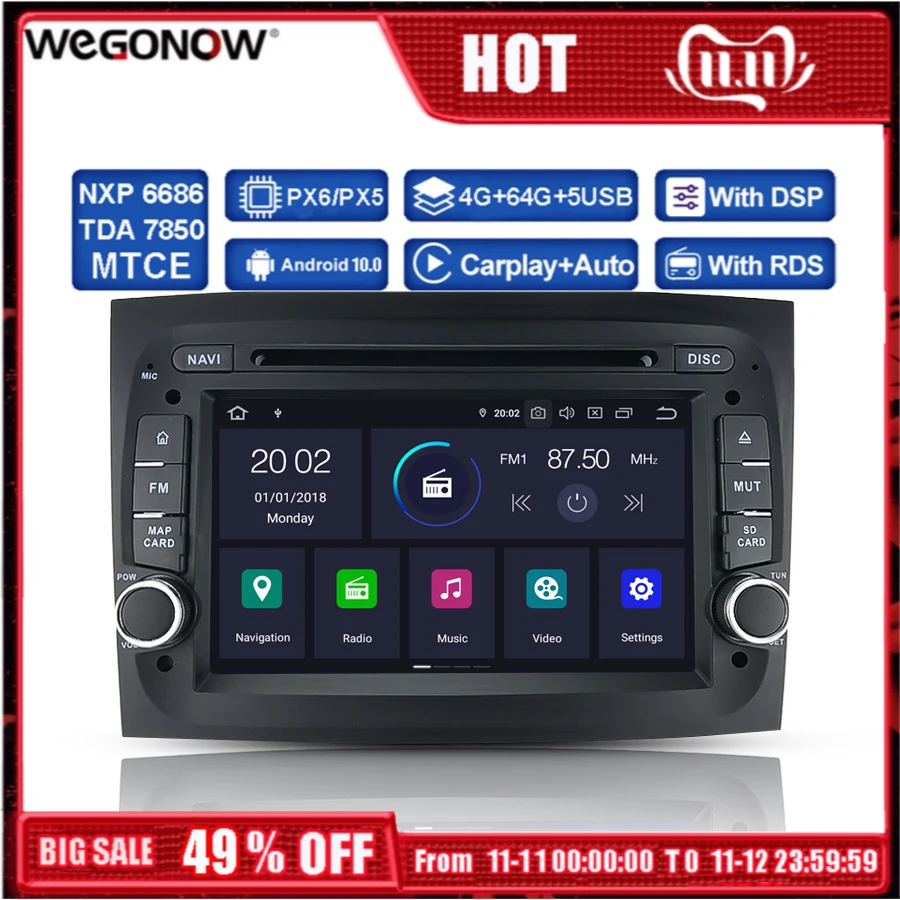 Автомобильный DVD-плеер DSP PX6 IPS Android 10 4 Гб RAM 64 GPS Google Map Wifi RDS радио Bluetooth 5 0 для Fiat Doblo