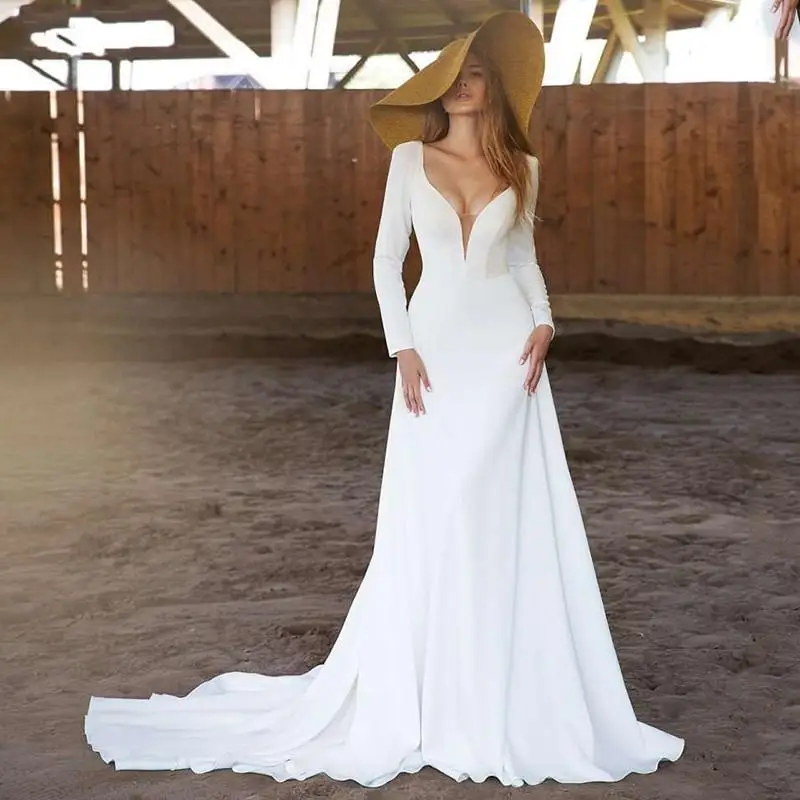 

Simple Long Sleeve Wedding Dresses 2024 Sexy Deep V Neck Bridal Gown Backless Sweep Train Civil Robe De Mariee Country Marriage