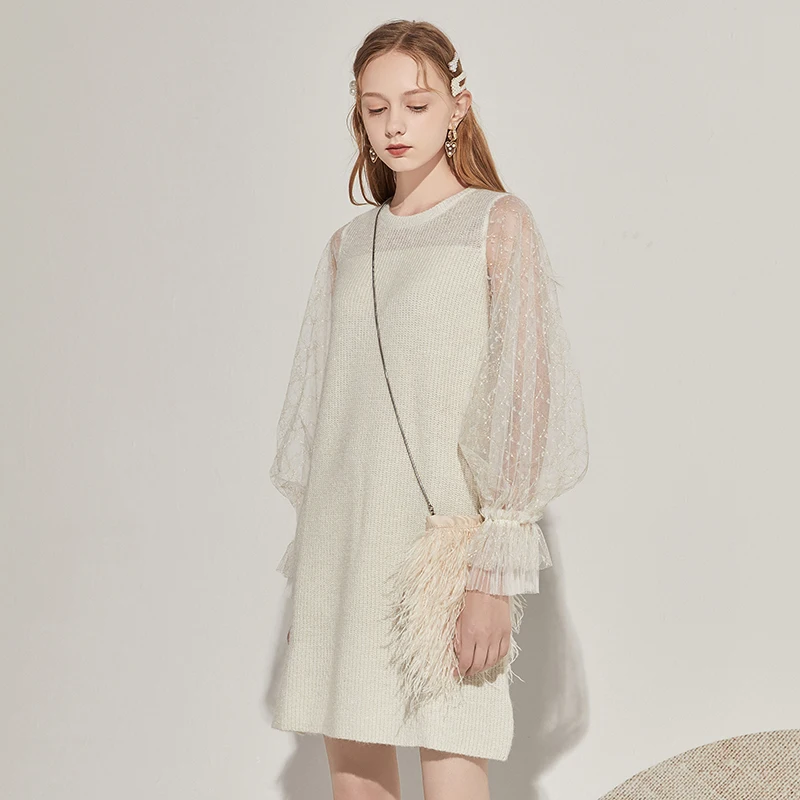 ARTKA 2020 Autumn New Women Dress Wool Knitted Sweater O Neck Pullover Mesh Lantern Sleeve White Sweater LA21005X|Dresses| -