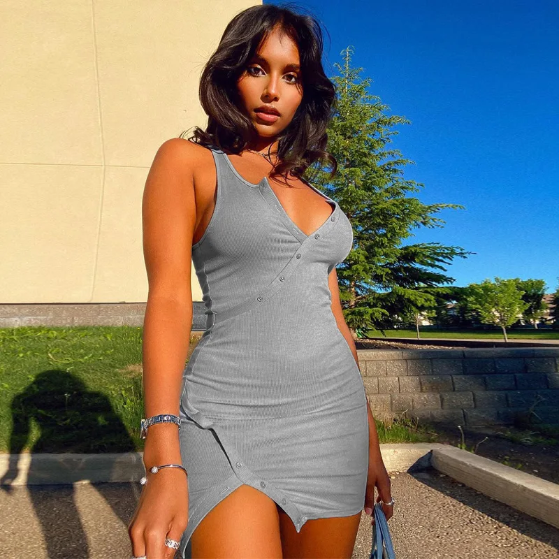 Ladies Sexy Short Hip Pencil Dresses Women Cotton Solid Sleeveless V-neck Irregular Buttons Split Min Dress Skinny Streetwear
Ladies Sexy Short Hip Pencil Dresses Women Cotton Solid Sleeveless V-neck Irregular Buttons Split Min Dress Skinny Streetwear