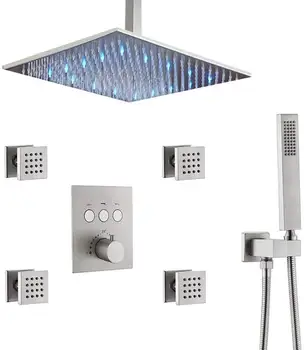 Brushed Nickel 12"LED Rain Shower Head System with Body Sprays, Thermostatic Bathroom Faucet Ceiling Shower Mixer Handheld Combo
Brushed Nickel 12"LED Rain Shower Head System with Body Sprays, Thermostatic Bathroom Faucet Ceiling Shower Mixer Handheld Combo