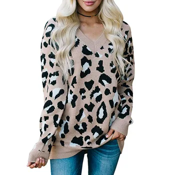 Winter Women Deep V Neck Soft Leopard Sweater Female Casual Loose Long Sleeve Warm Sweater Womens Pullover Winter Cable Knitted 
Winter Women Deep V Neck Soft Leopard Sweater Female Casual Loose Long Sleeve Warm Sweater Womens Pullover Winter Cable Knitted