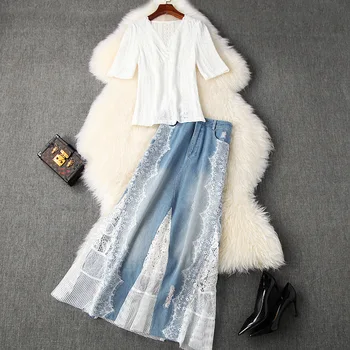Women tops and skirt two piece set fashion 2020 summer clothes short sleeve white lace T-shirts + long denim jeans skirts
Women tops and skirt two piece set fashion 2020 summer clothes short sleeve white lace T-shirts + long denim jeans skirts