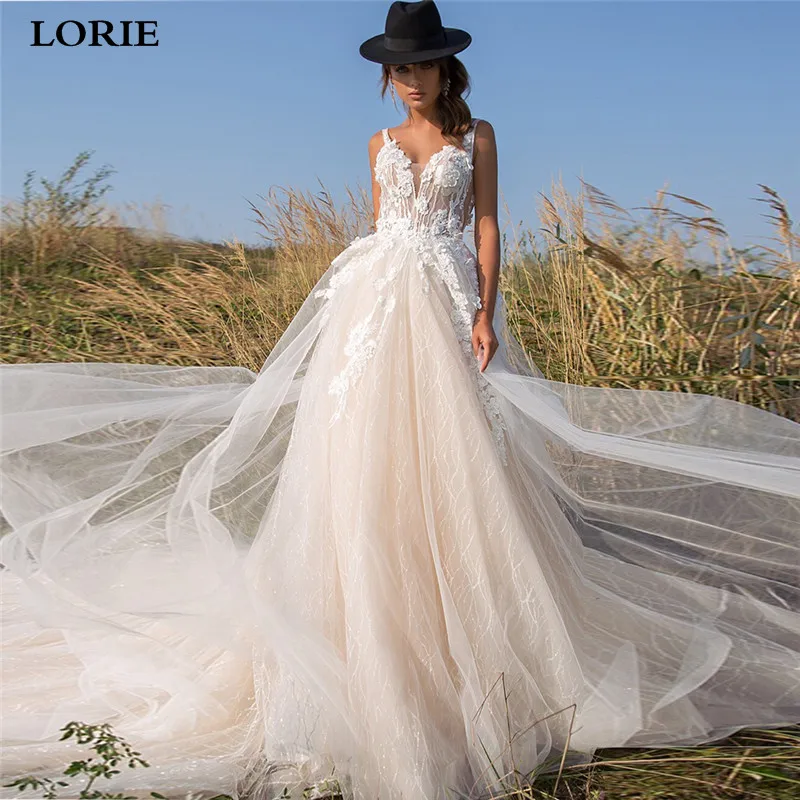 LORIE Champagne Glitter Sparky Lace Wedding Dress Beach V Neck Robe De Mariée Appliqued Bridal Dresses Backless Wedding Gowns 
LORIE Champagne Glitter Sparky Lace Wedding Dress Beach V Neck Robe De Mariée Appliqued Bridal Dresses Backless Wedding Gowns