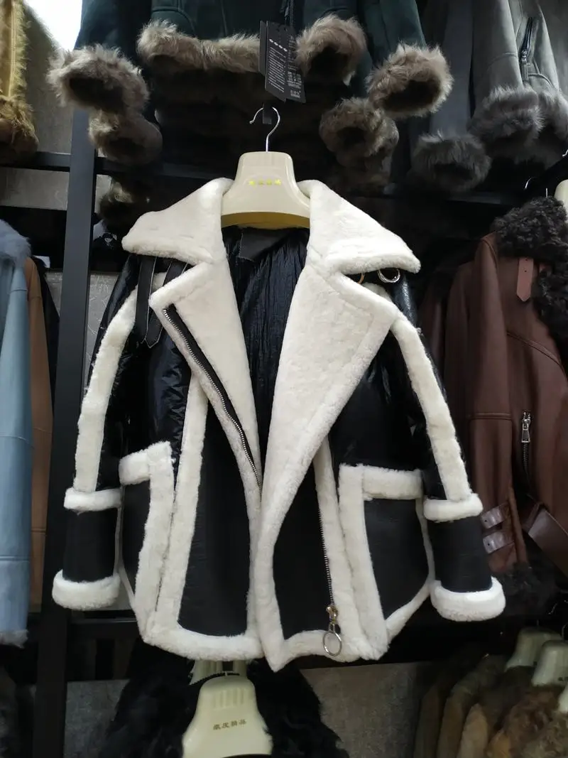Winter Women Coat Genuine Sheepskin Leather Sheep Fur Duck Down Coat Female Jackets Silver Color Loose Size Turn Down Collar (3)