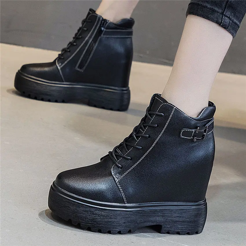 

Military Punk Women Cow Leather Round Toe Platform Wedge Ankle Boots Lace Up High Heels Punk Goth Oxfords 34 -39