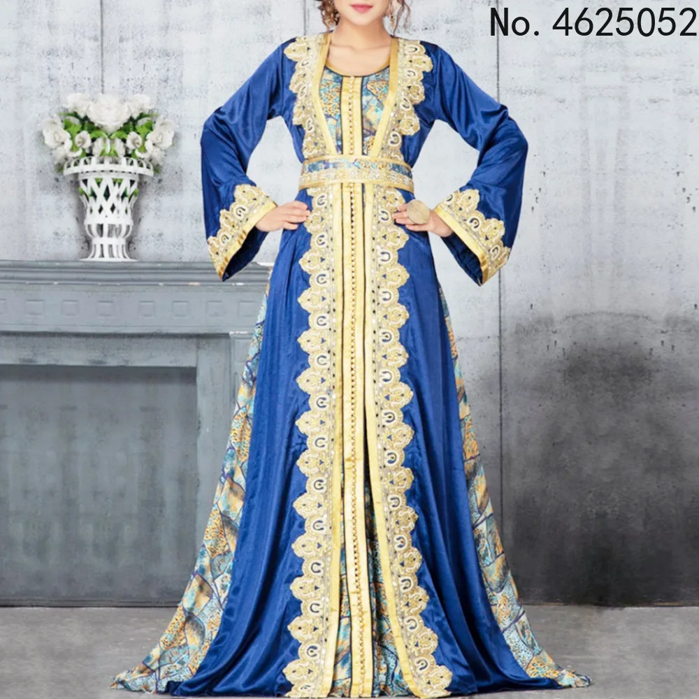 

Moroccan Caftan Dubai Turkey Muslim Dress Women Blue Abaya Elegant Lady Islamic Clothing Jelaba 2021 Eid Mubarak Djellaba Femme