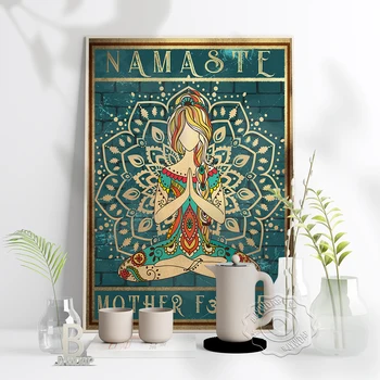 요가 블루 그린 Namaste 포스터 어머니 레트로 북유럽 스타일 명상 벽 아트 사진 요가 체육관 홈 거실 장식 선물