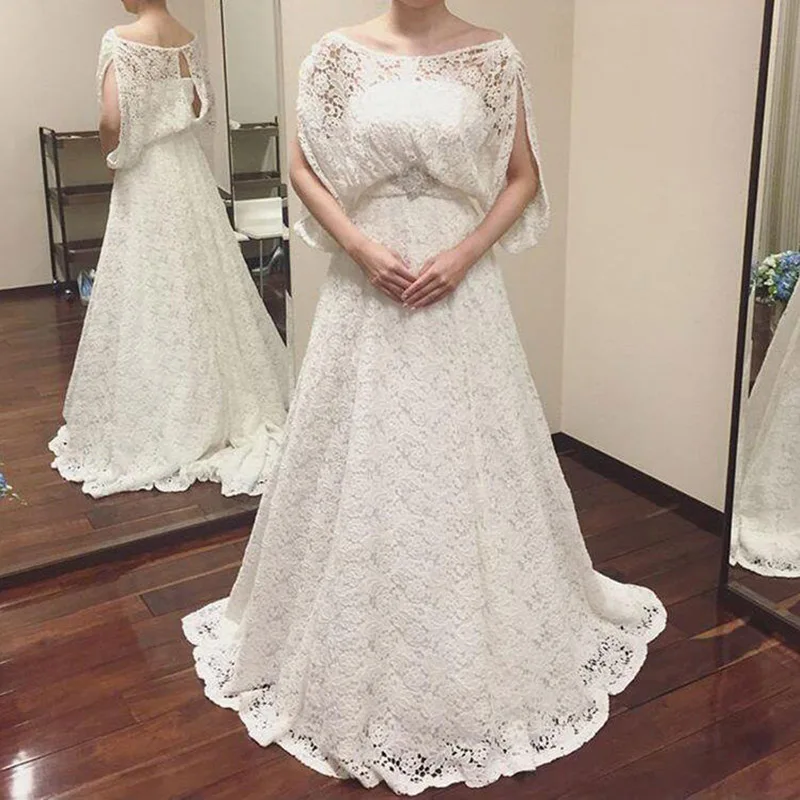 

2023 New Graceful A Line Lace Wedding Dresses for Bride Ivory Bateau Neckline Bridal Gowns Sweep Train Beaded On Sale