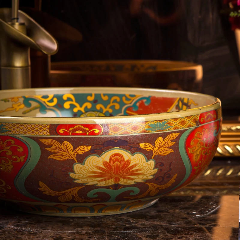 Colorful China Artistic Handmade Engraving Ceramic Lavobo Round Countertop handmade ceramic small wash basin bathroom sinks (2)