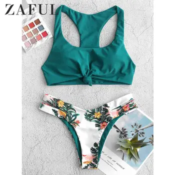 

ZAFUL Plant Print Knot Cutout Racerback Bikini Swimsuit Wire Free Scoop Neck Removable Padded Racer Bikini Two-Piece Sexy