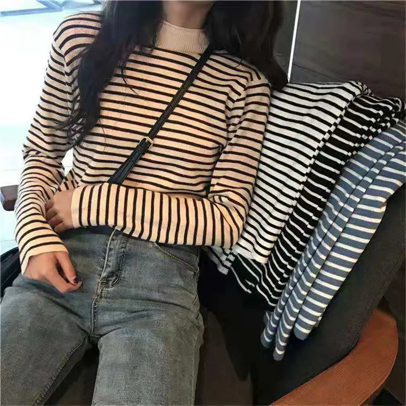Autumn Winter Striped Long Sleeve Knitted Sweater Women Casual Half Turtleneck Pullovers Sweater Femnale Office Lady
Autumn Winter Striped Long Sleeve Knitted Sweater Women Casual Half Turtleneck Pullovers Sweater Femnale Office Lady