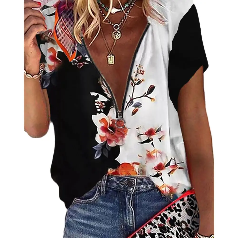 2021 European and American Factory Price Summer New Hot Flower Printing Color Matching Zipper V-Neck Short-Sleeved t-Shirt Women | Женская