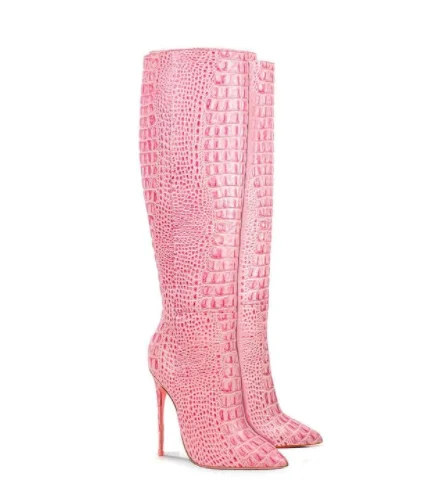 

Женские сапоги до колена, розовые сапоги из кожи крокодила, с острым носком, на высоком каблуке-шпильке, с боковой молнией