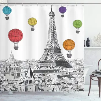 Paris Shower Curtain Greyscale Eiffel Tower and Notre Dame Building with Rainbow Colored Hot Air Balloons Bathroom Decor Set 
Paris Shower Curtain Greyscale Eiffel Tower and Notre Dame Building with Rainbow Colored Hot Air Balloons Bathroom Decor Set