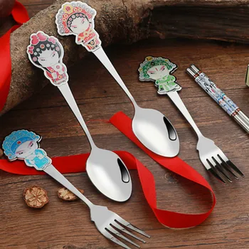

Chinese Style Cultural Beijing Opera Facial Masks Stainless Steel Chopsticks Spoon Tableware Gift Set silverware cutlery set