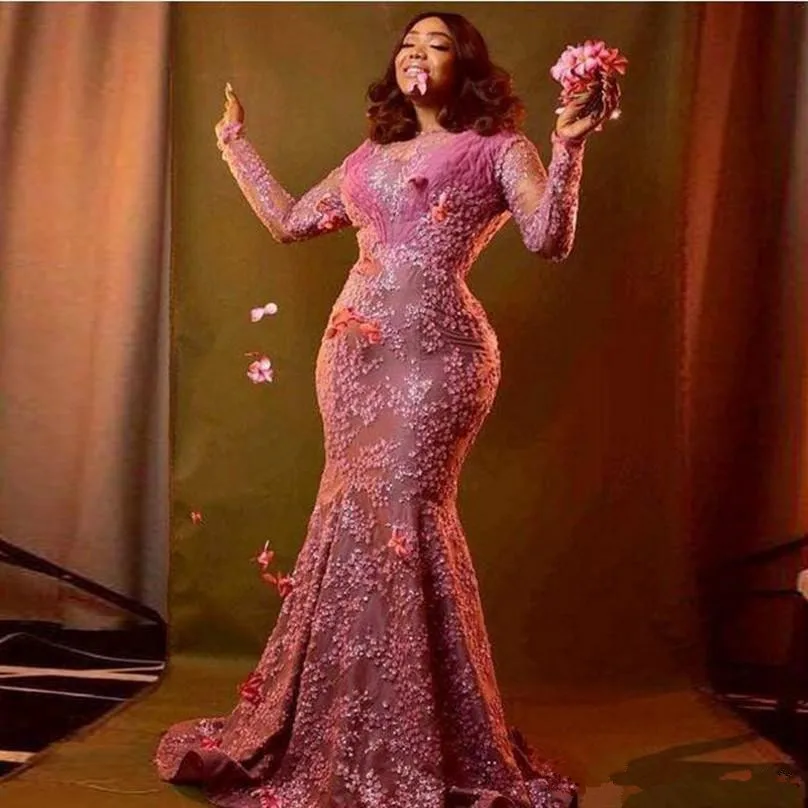 Ярко-розовые вечерние платья знаменитостей с длинным рукавом 2020 Воротник Sheer Jewel