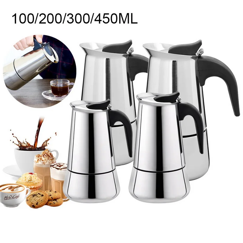 100/200/300/450ml 2/4/6/9 Cups Portable Espresso Coffee Maker Moka Pot Stainless Steel Coffee Maker With Safety Valve
100/200/300/450ml 2/4/6/9 Cups Portable Espresso Coffee Maker Moka Pot Stainless Steel Coffee Maker With Safety Valve