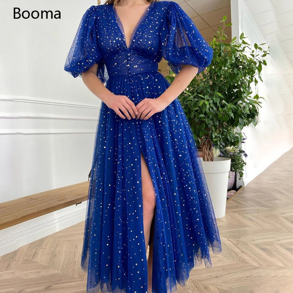 Booma Cobalt Blue V-Neck Prom Dresses Mid Puff Sleeves Starry Tulle Split Prom Gowns Buttoned Tea-Length A-Line Formal Gowns
Booma Cobalt Blue V-Neck Prom Dresses Mid Puff Sleeves Starry Tulle Split Prom Gowns Buttoned Tea-Length A-Line Formal Gowns