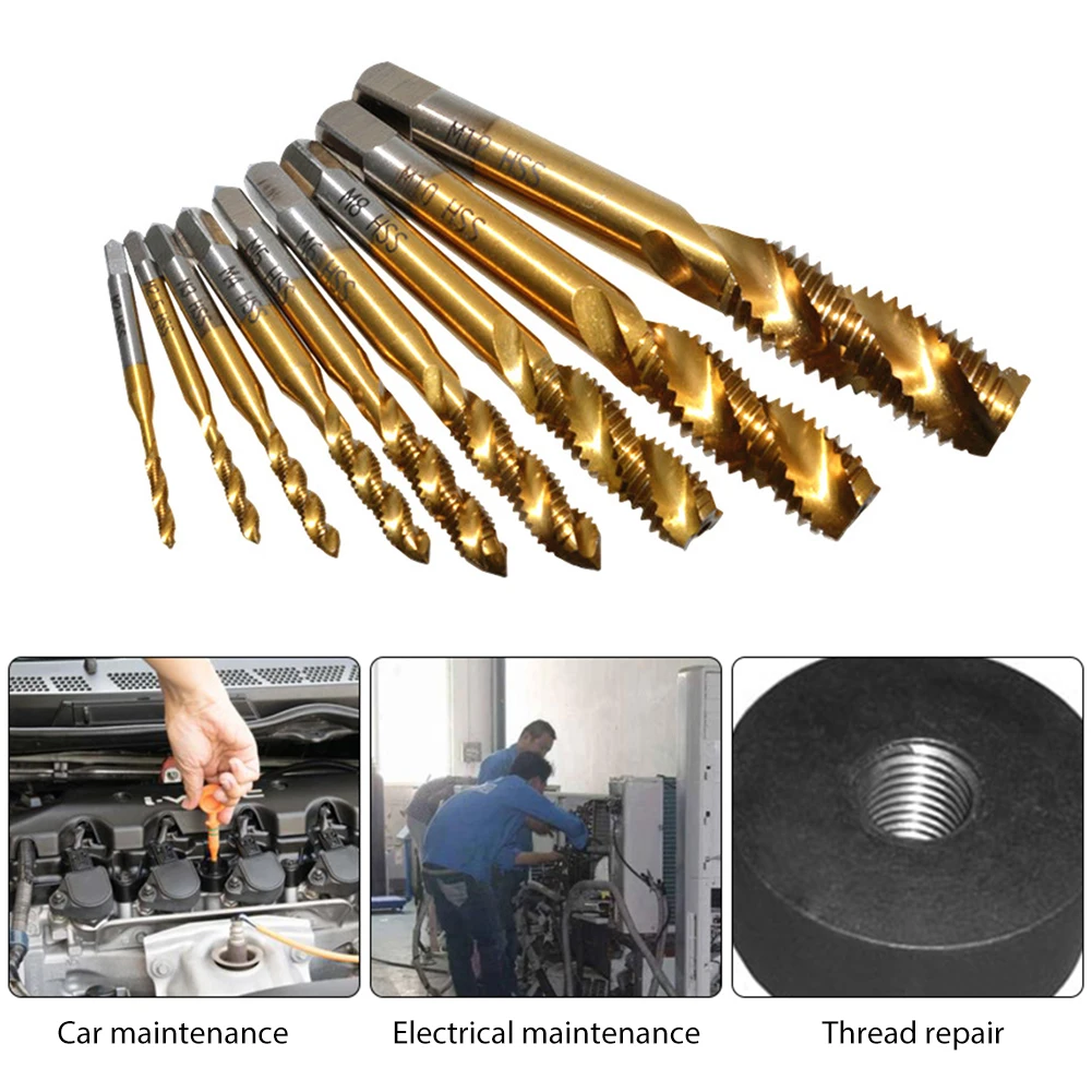 9pcs Spiral Pointed Taps M2-M12 Tapping Thread Forming Drill Bits Metric Spiral Fluted Machine Screw Tap Kit
9pcs Spiral Pointed Taps M2-M12 Tapping Thread Forming Drill Bits Metric Spiral Fluted Machine Screw Tap Kit