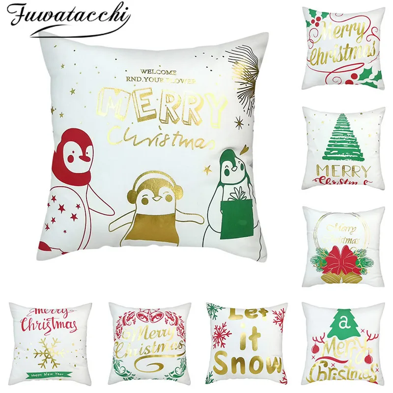 

Fuwatacchi Golden Stamping White Cushion Covers Merry Christmas Throw Pillows Cover Home Sofa Car Pillowcases Decorations 2019