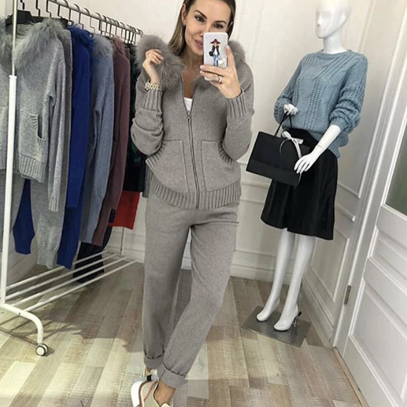 2 Pieces Set Fashion Autumn Winter Women Knitted Tracksuit Fur Collar Zipper Hooded Coats+Elastic Casual Pants Women Knit Suit
2 Pieces Set Fashion Autumn Winter Women Knitted Tracksuit Fur Collar Zipper Hooded Coats+Elastic Casual Pants Women Knit Suit