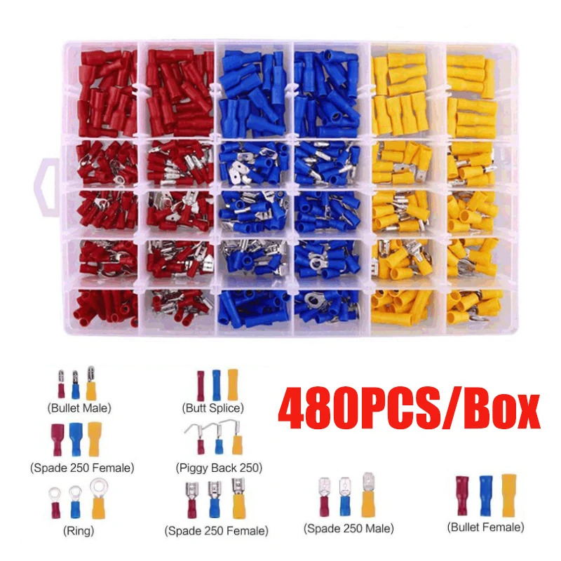 480PCS Assorted Full Insulated Electrical Wire Terminals Crimp Connector Spade Insulated Cold - pressure Terminal
480PCS Assorted Full Insulated Electrical Wire Terminals Crimp Connector Spade Insulated Cold - pressure Terminal