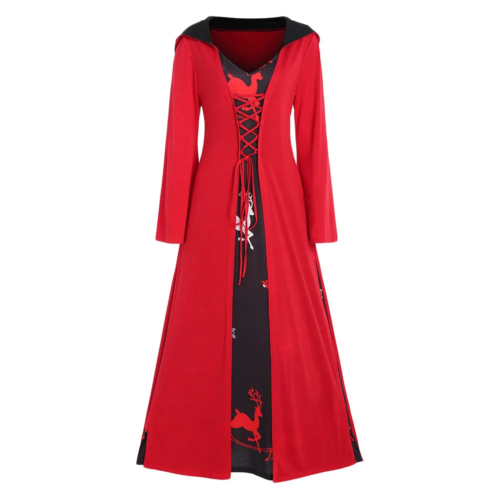 

ROSEGAL Plus Size 4XL Maxi Dress Vintage Christmas Elk Print Lace Up Hooded Party Dress Women Red Retro Loose Long Gothic Dress