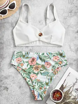 

ZAFUL Floral Ribbed Button Embellished Tankini Swimwear