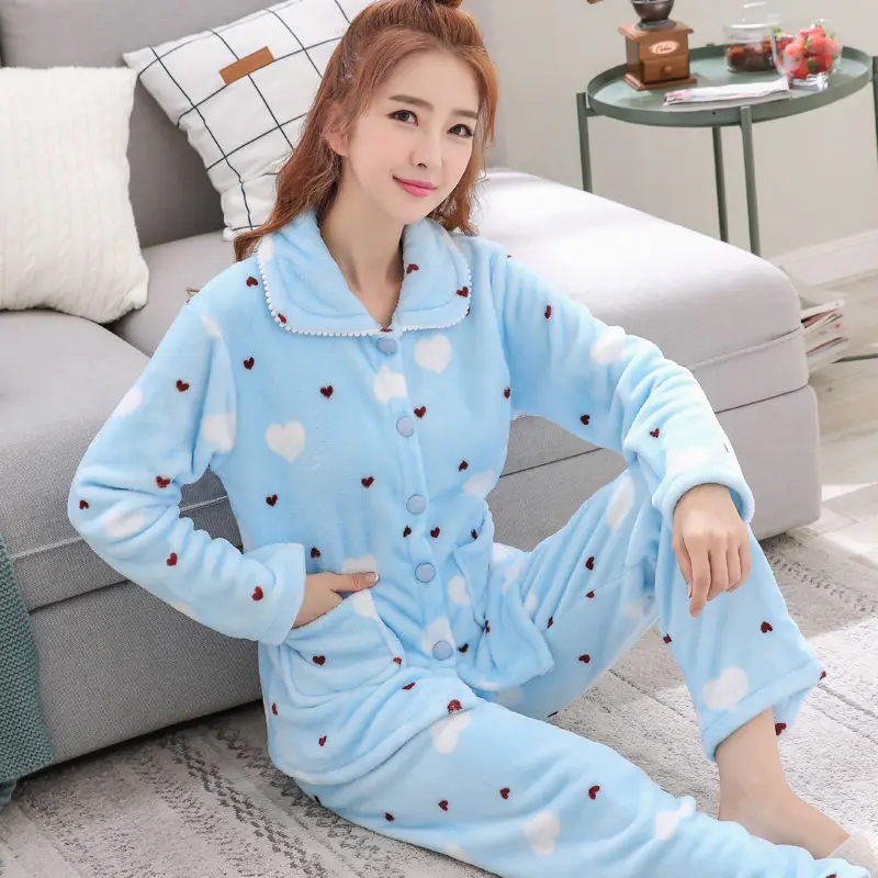 

Winter Pajamas Sets Women Flannel Turn Neck Cartoon Thick Warm Women Pyjamas Sleepwear Cute Animal Female Homewear