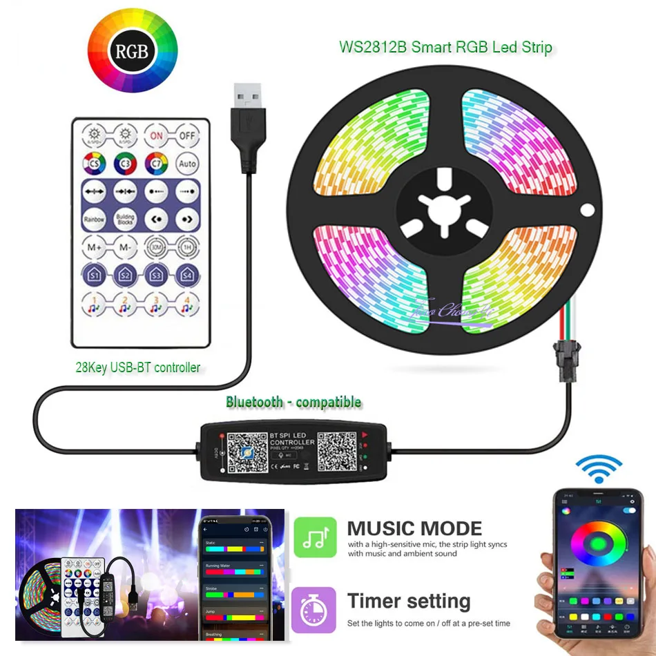 WS2812B Smart RGB Led Strip 30/60/144Pixels/m Individually Addressable Light USB Bluetooth-compatible Music Controller Kit DC5V
WS2812B Smart RGB Led Strip 30/60/144Pixels/m Individually Addressable Light USB Bluetooth-compatible Music Controller Kit DC5V