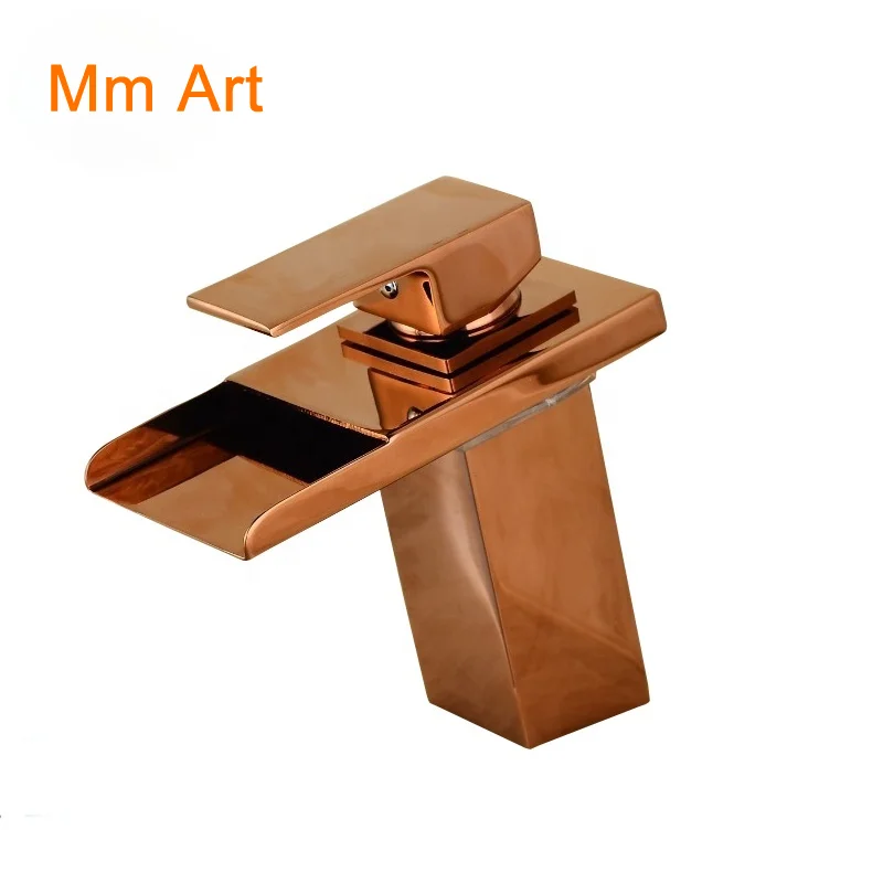 

Modern Deck Mount Brass Rose Gold Waterfall LED Color Changing Bathroom Sink Mixer Tap Rose Golden Basin Faucet RF425