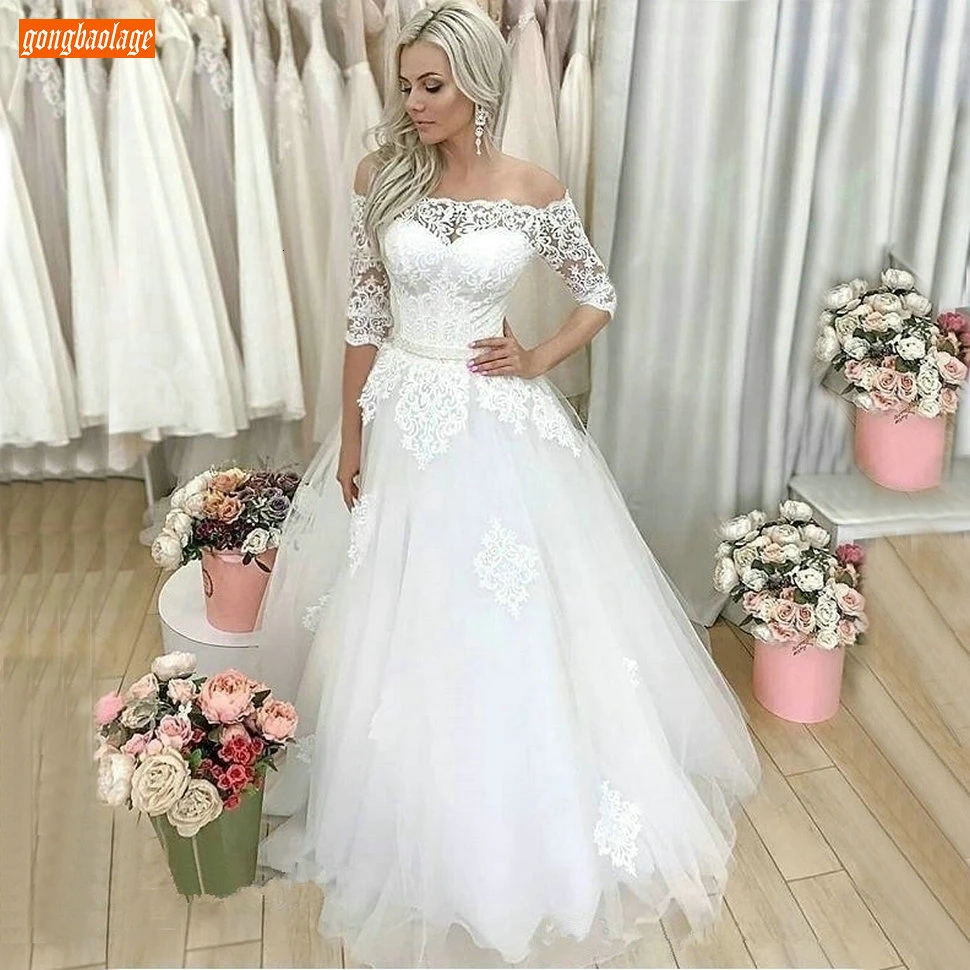 Marvelous Appliques Bridal Dresses Long 2020 Boat Neck Lace Wedding Dress Off Shoulder 3/4 Sleeves Tulle Customized Wedding Gown
Marvelous Appliques Bridal Dresses Long 2020 Boat Neck Lace Wedding Dress Off Shoulder 3/4 Sleeves Tulle Customized Wedding Gown