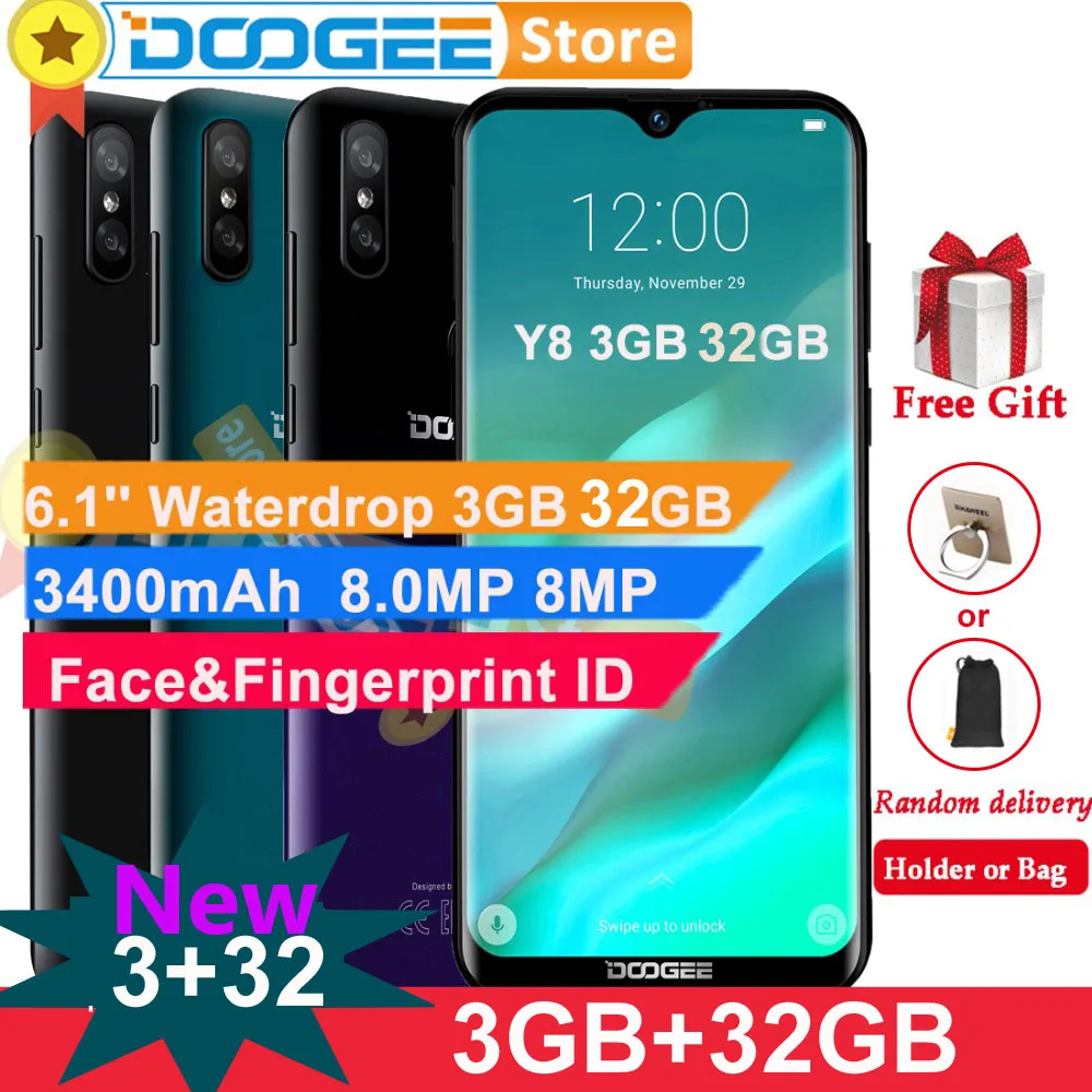 Doogee Y8 Android 9 0 мобильный телефон 4G LTE 3 ГБ 32 6 1 "FHD 19:9 экран 3400 мАч MTK6739 разблокировка