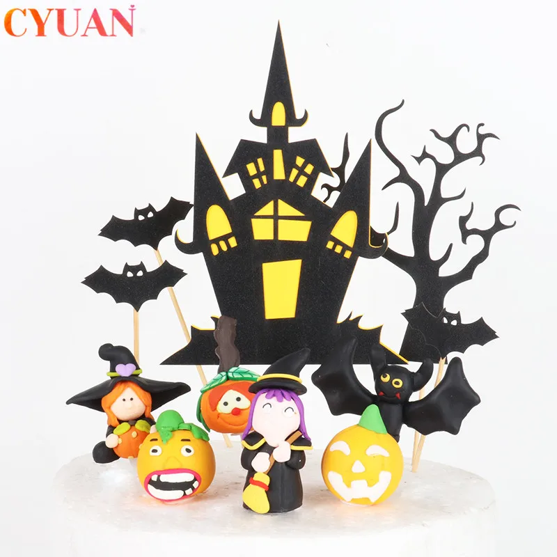 

Happy Halloween Cake Topper Pumpkin Ghost Bat Witch Ghost Castle Black Cat Horror Cupcake Toppers Halloween Party Baking Decor