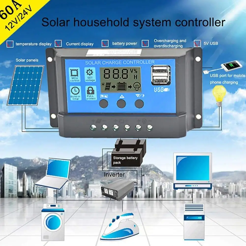 60A/50A/40A/30A/20A/10A Auto Solar Charge Controller PWM Controllers LCD Dual USB 5V Output Solar Panel PV Regulator 12V 24V
60A/50A/40A/30A/20A/10A Auto Solar Charge Controller PWM Controllers LCD Dual USB 5V Output Solar Panel PV Regulator 12V 24V
