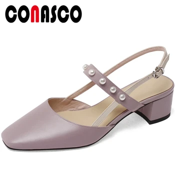 

CONASCO Genuine Leather Women Mary Janes Sandals Sweet Elegant Concise Casual Pearl Decoration High Heels Shoes Woman New Summer