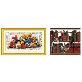 Sewing Counted Cross Needle Embroidery Bear Family Design & 14CT Cat on Bookshelf Pattern Cross-Stitching 40 x 36cm
Sewing Counted Cross Needle Embroidery Bear Family Design & 14CT Cat on Bookshelf Pattern Cross-Stitching 40 x 36cm