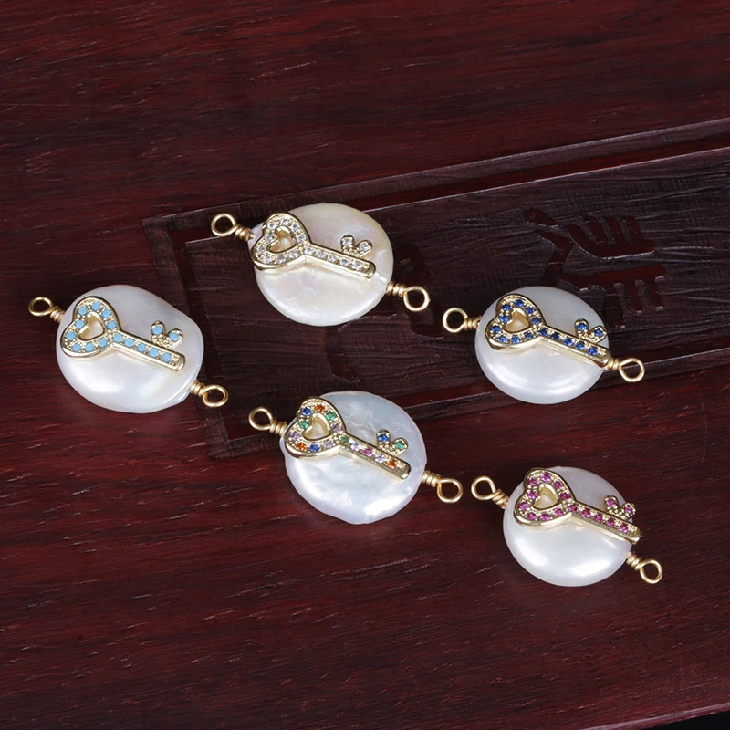 micro paved multi colors cz gold key charm freshwater pearl wire wrapped buckles connector bead for jewelry DIY making | Украшения и