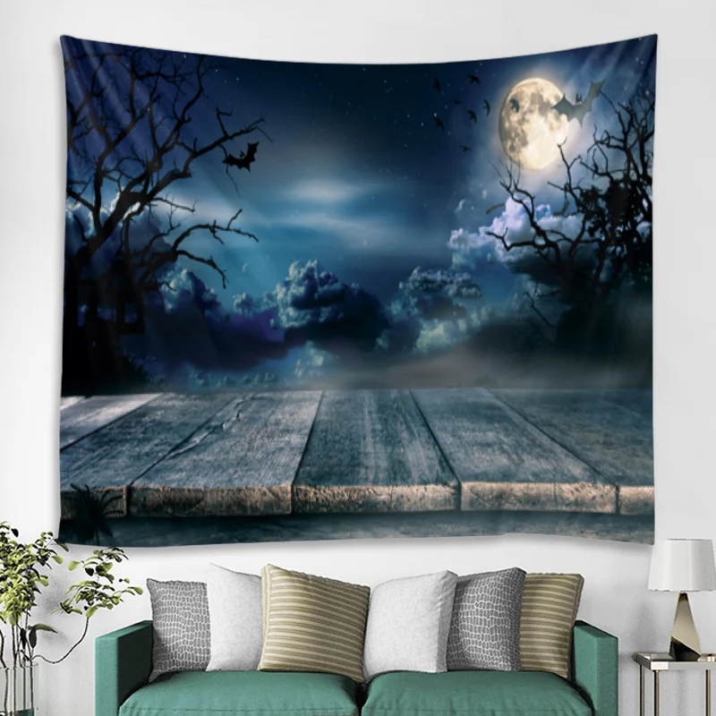 

Halloween Tapestry Art Blanket Curtain Hanging Home Bedroom Living Room Decoration Ghost Scary Pumpkin Skull Bat Castle