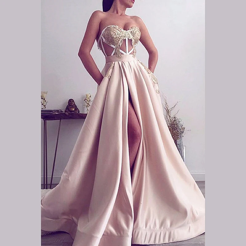 A Line Sweetheart Satin Prom Dresses 2020 Lace Appliques Sexy Slit Long Evening Formal Party Dress Vestido De Fiesta
A Line Sweetheart Satin Prom Dresses 2020 Lace Appliques Sexy Slit Long Evening Formal Party Dress Vestido De Fiesta