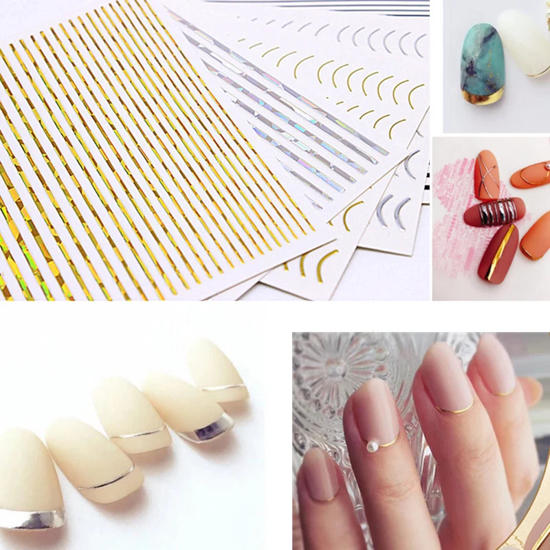 

1 sheet Laser Gold/Sliver Curve Stripe Lines Sticker Decals Tips Geometry Slider Adhesive Striping Tape Manicure Nail Art Decals