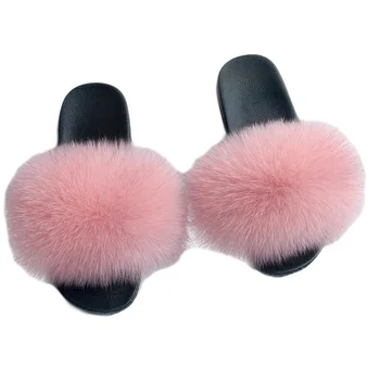 

Real Fox Fur Slides Slippers Lady Natural Raccoon Flip Flops Fluffy Fur Sandals Plush Shoes Amazing Present