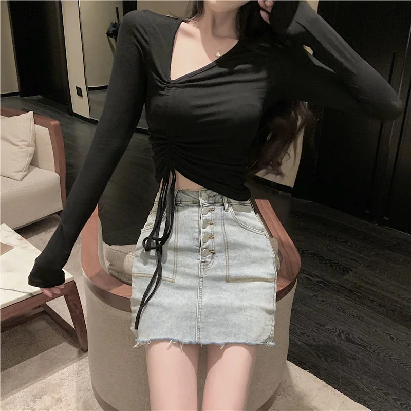 Autumn Fashion Women Tshirt Drawstring Short Bottomed T Shirts Shirt Femme V-neck Sexy Slim Open Navel Long Sleeve T-shirt Tops
Autumn Fashion Women Tshirt Drawstring Short Bottomed T Shirts Shirt Femme V-neck Sexy Slim Open Navel Long Sleeve T-shirt Tops