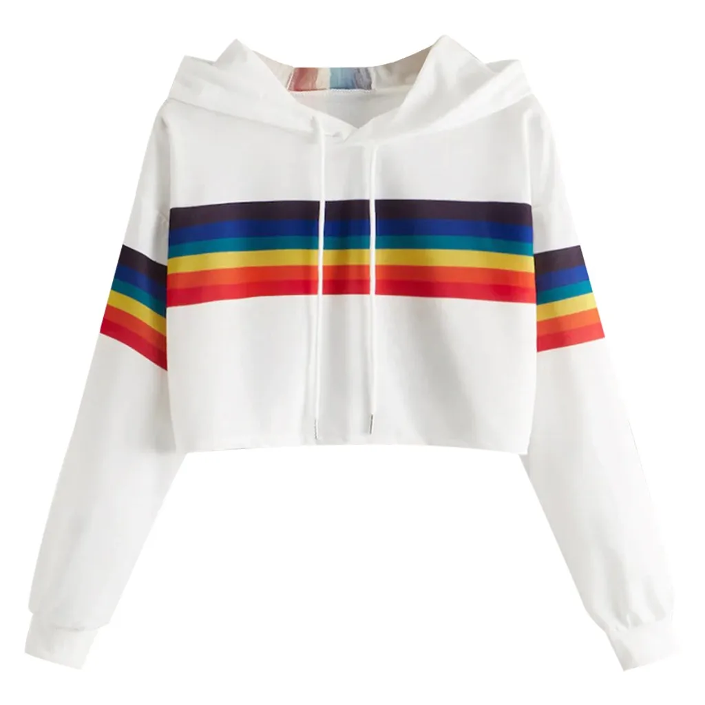 Jaycosin 2019 Fashion Autumn Women Rainbow Stripe Sweatshirt Stylish Long Sleeve Comfortable Female Casual Crop Blouse 930#10