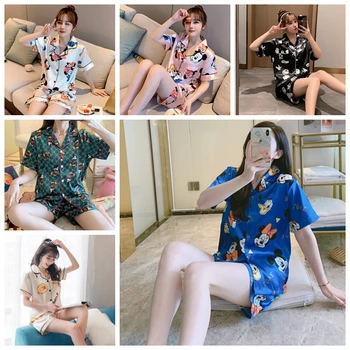 Women's Summer Ice Silk Pajamas Set & Cartoon Short Sleeve 2 Piece Set Nightwear Sweet Cute Silk Home Sleepwear Set
Women's Summer Ice Silk Pajamas Set & Cartoon Short Sleeve 2 Piece Set Nightwear Sweet Cute Silk Home Sleepwear Set