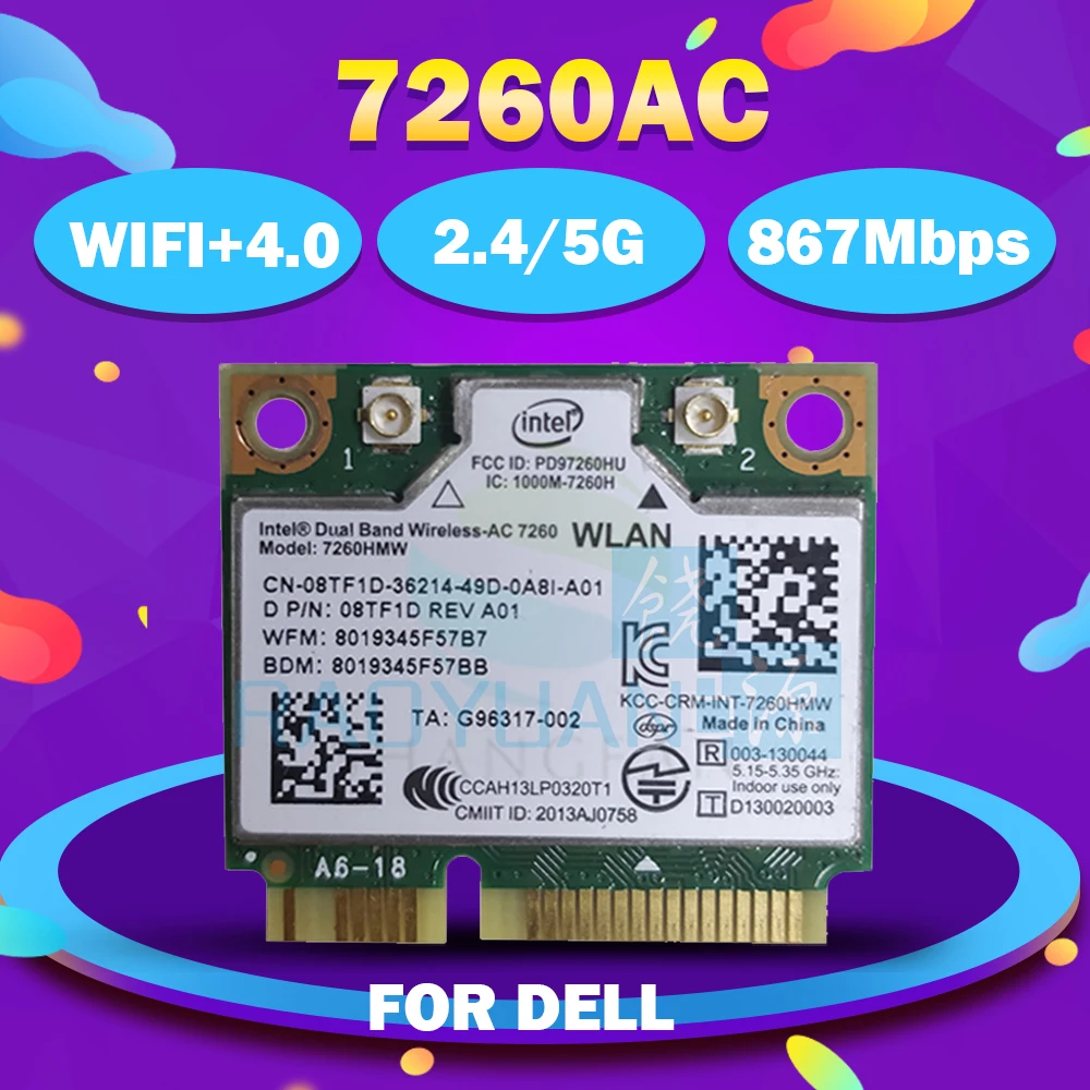 For intel Dual Band Wireless-AC 7260HMWAC 7260HMW 7260AC half Mini PCI-e BT4.0 Wireless card 8TF1D for Dell laptop Antennacable |